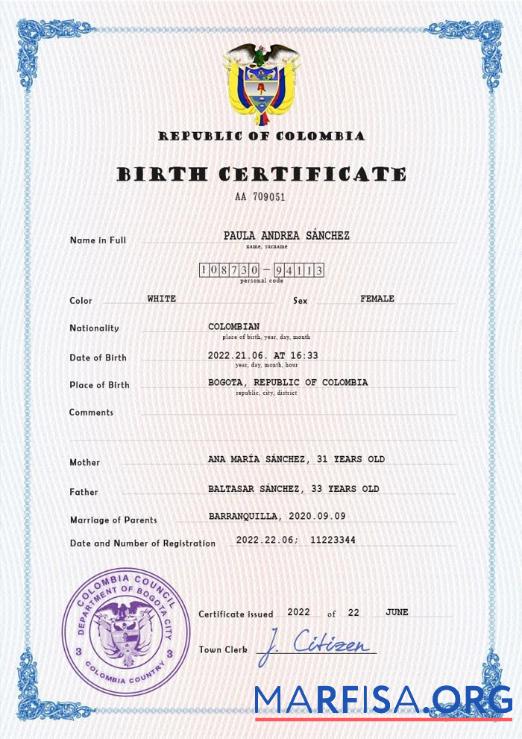 Downloadable Colombia birth certificate PSD template
